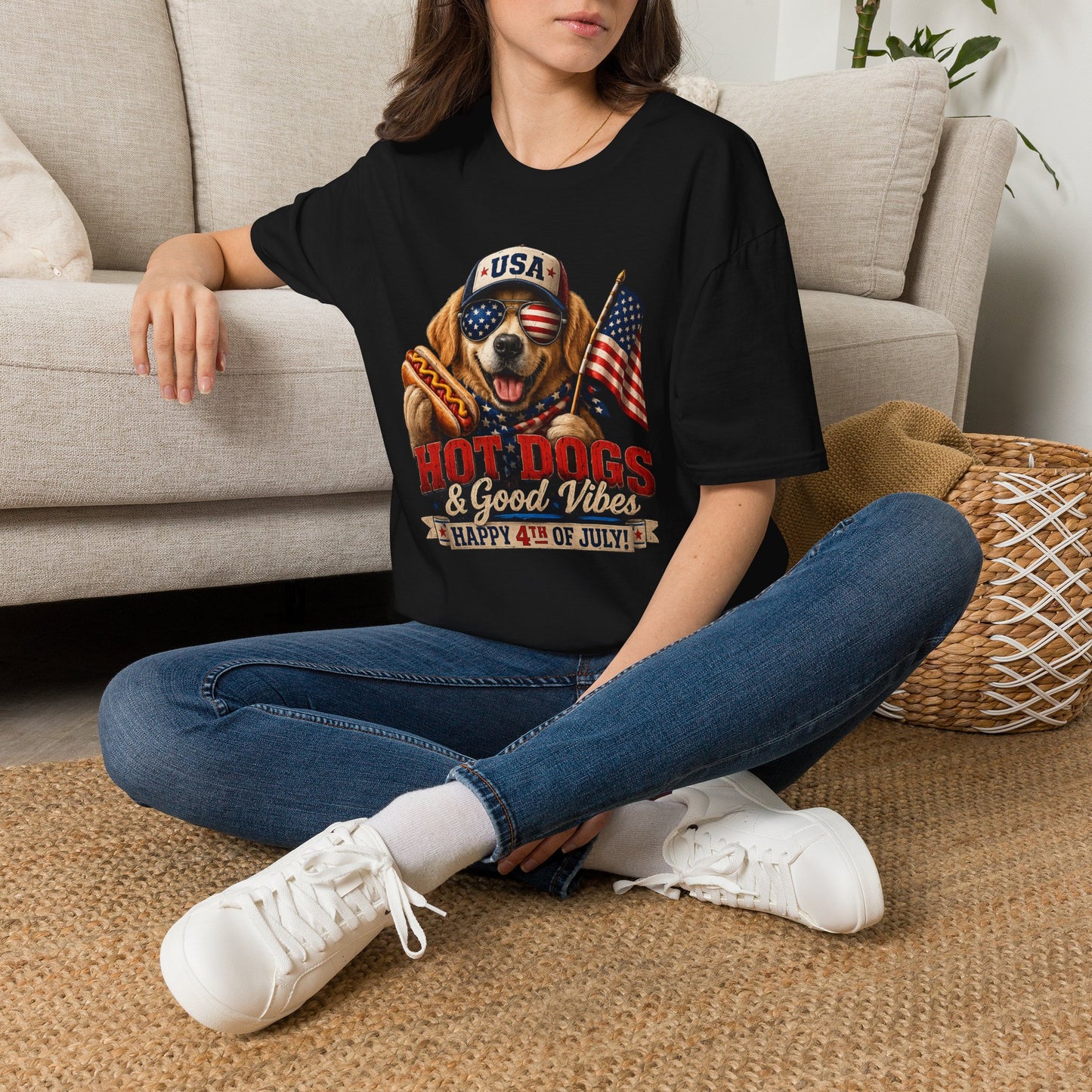 4th of July Dog T-Shirt — "Hot Dogs & Good Vibes" USA Flag Tee