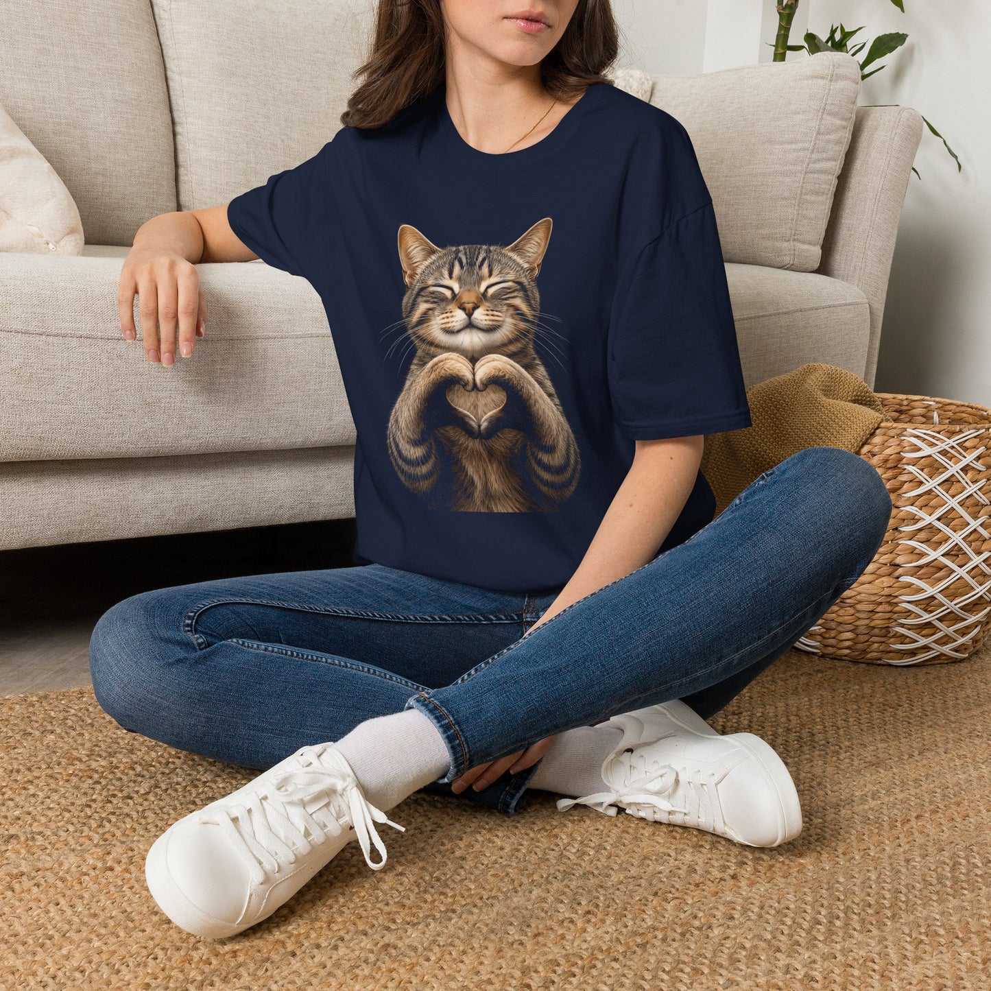 Smiling Tabby Cat Heart Pose T-Shirt