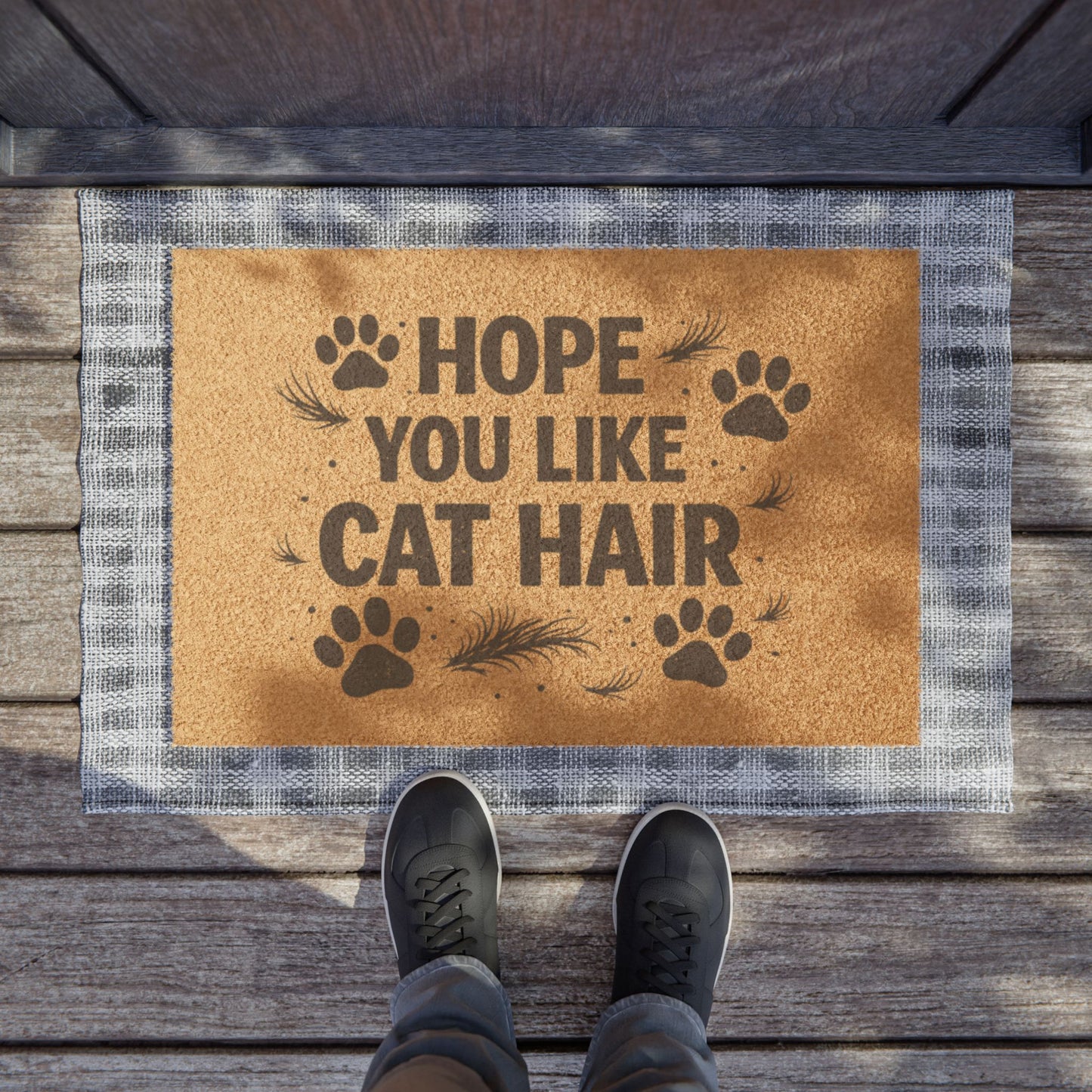 Felpudo de bienvenida con forma de pata de gato, "Espero que te guste el pelo de gato".