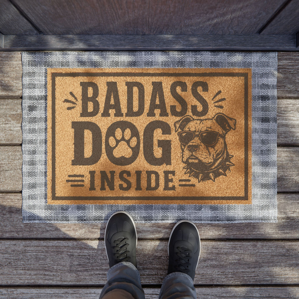 Badass Dog Inside Doormat — Funny Welcome Doormat with Tough Pitbull Design