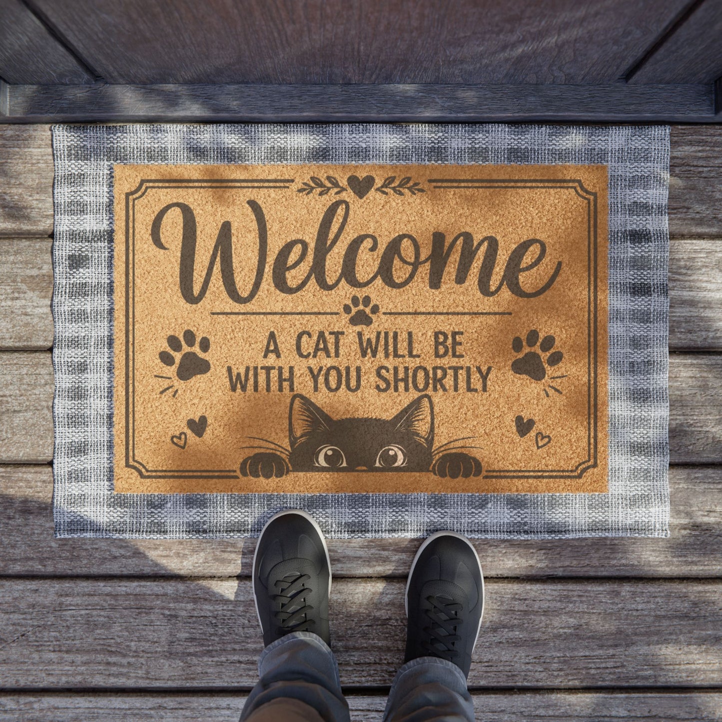 Welcome Doormat — "A Cat Will Be With You Shortly" Cute Cat Paw Welcome Mat