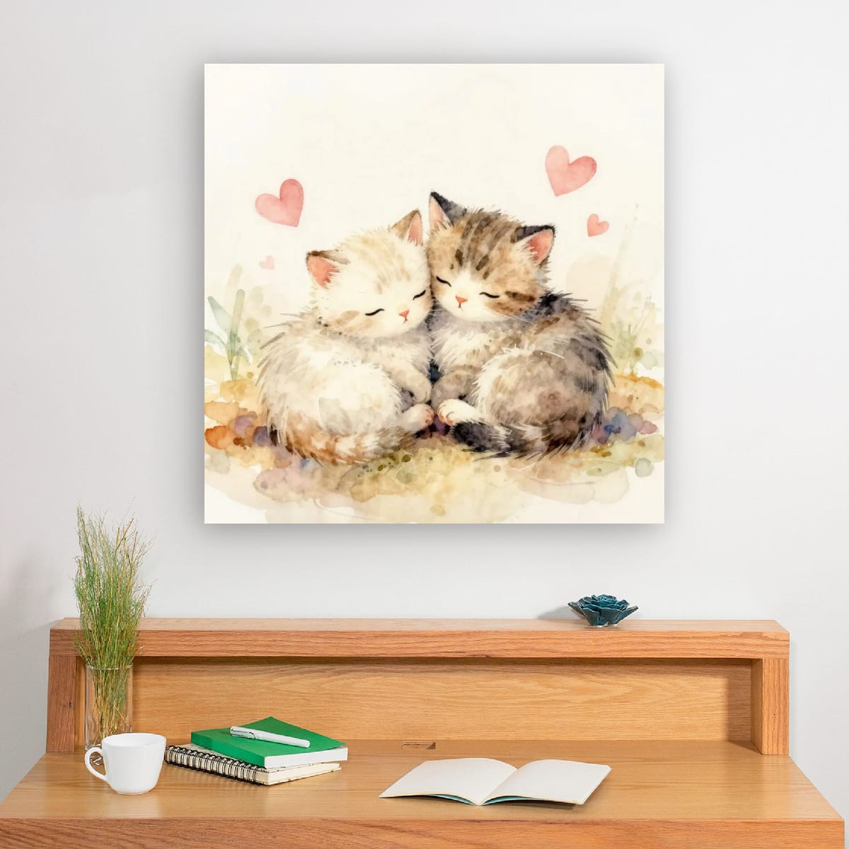 Póster mate de gatitos en acuarela: Gatos durmiendo con corazones