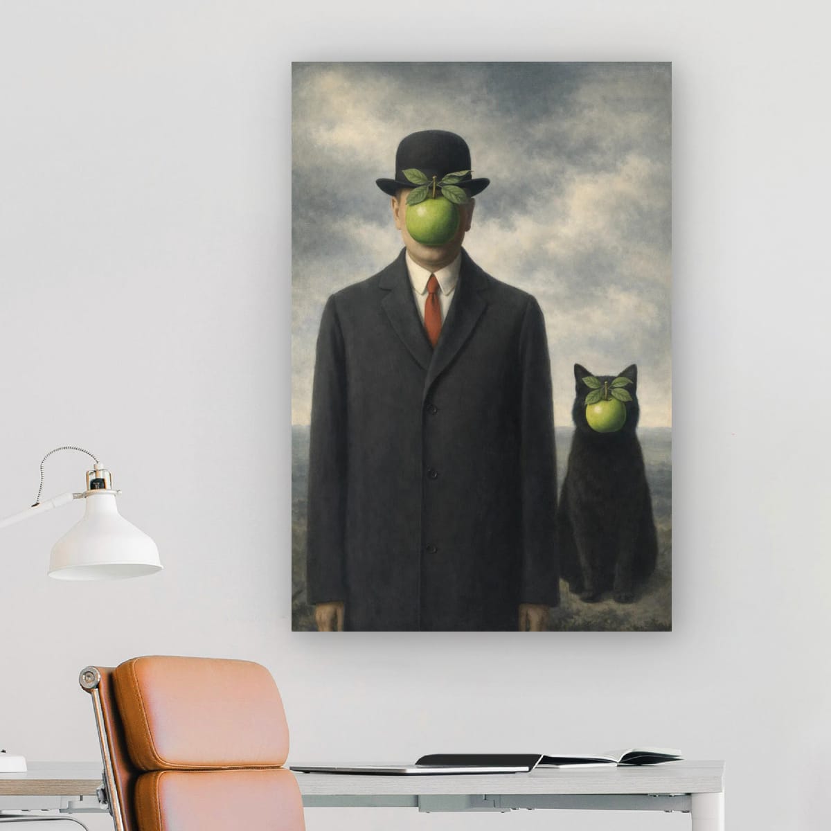Surreal Apple-Faced Man & Cat Matte Poster — Vintage René Magritte Style Art Print