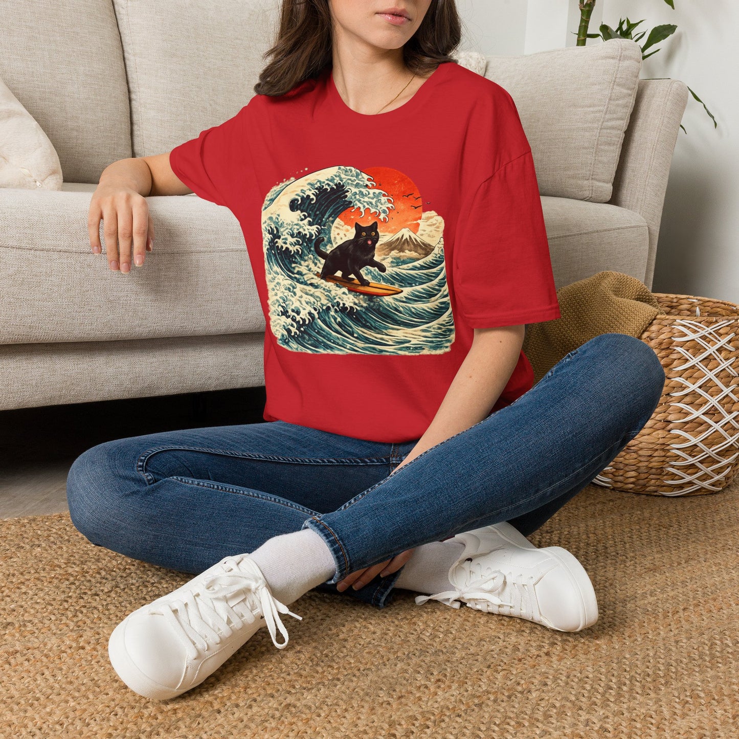 Surfing Black Cat T-Shirt — Vintage Wave Sunset Tee