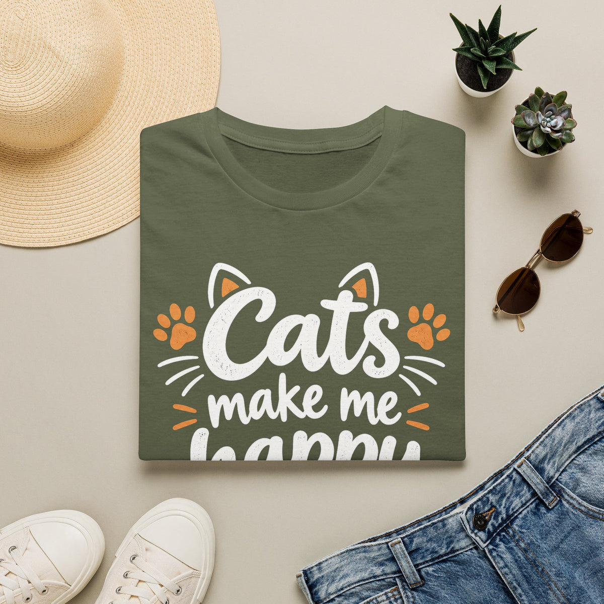 Cats make me happy T‑Shirt – Cute Paw Print & Heart Graphic Tee