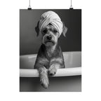 Spa Pup Matte Vertical Poster — Black & White Dog in Bathtub Print