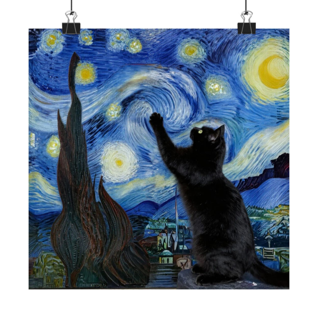 Descarga digital del póster "Gato en la noche estrellada": arte mural de gato negro, impresión de cielo nocturno estilo Van Gogh.