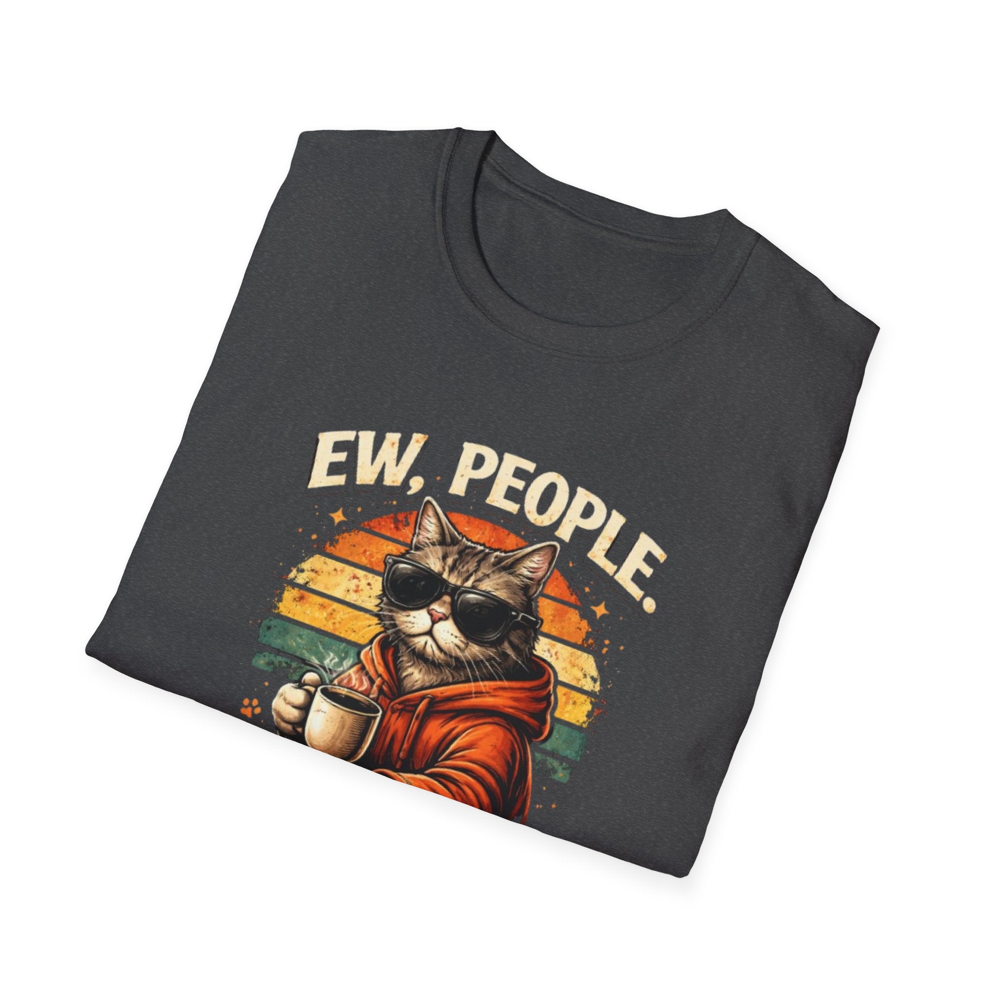 Cat Coffee Vintage T-Shirt — "Ew, People" Retro Cat with Mug Graphic