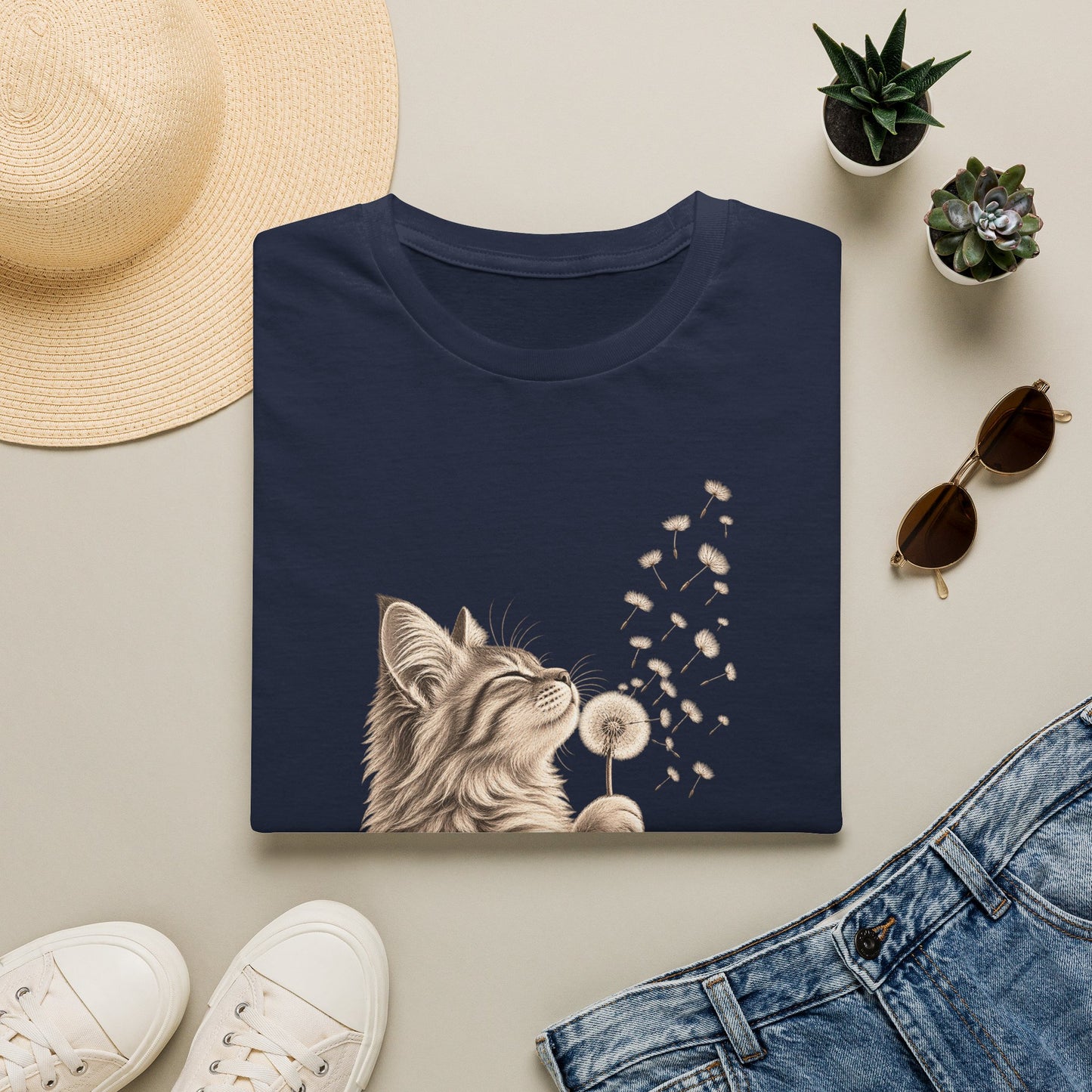 Cat Dandelion T-Shirt — Cute Cat Blowing Dandelion Graphic Tee