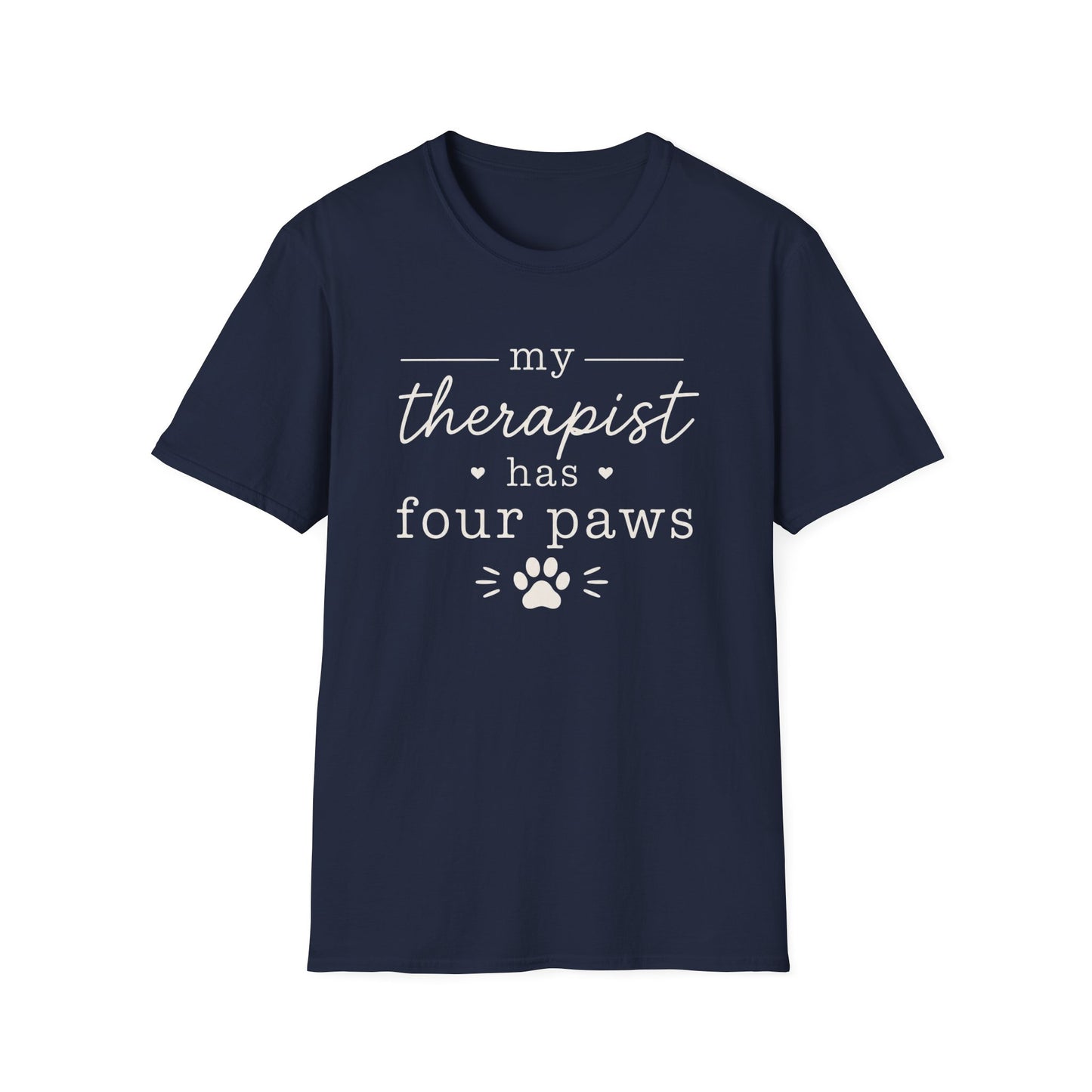 Pet Lover T-Shirt — "My Therapist Has Four Paws" Cute Dog & Cat Therapy Tee