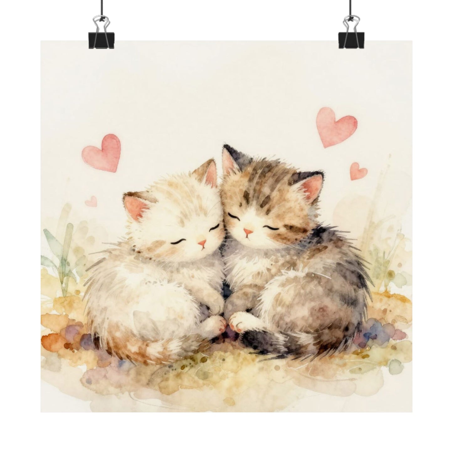 Póster mate de gatitos en acuarela: Gatos durmiendo con corazones