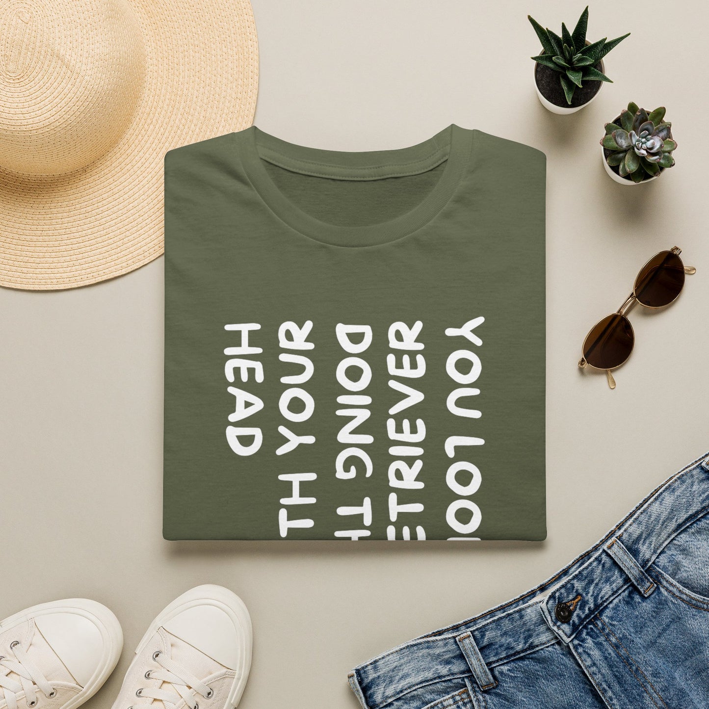 T‑Shirt — “With Your Head I Look Like My Retriever” Vertical Text Graphic Tee