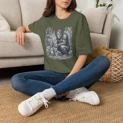 Bigfoot & Cat T-Shirt — Vintage Sasquatch Forest Illustration