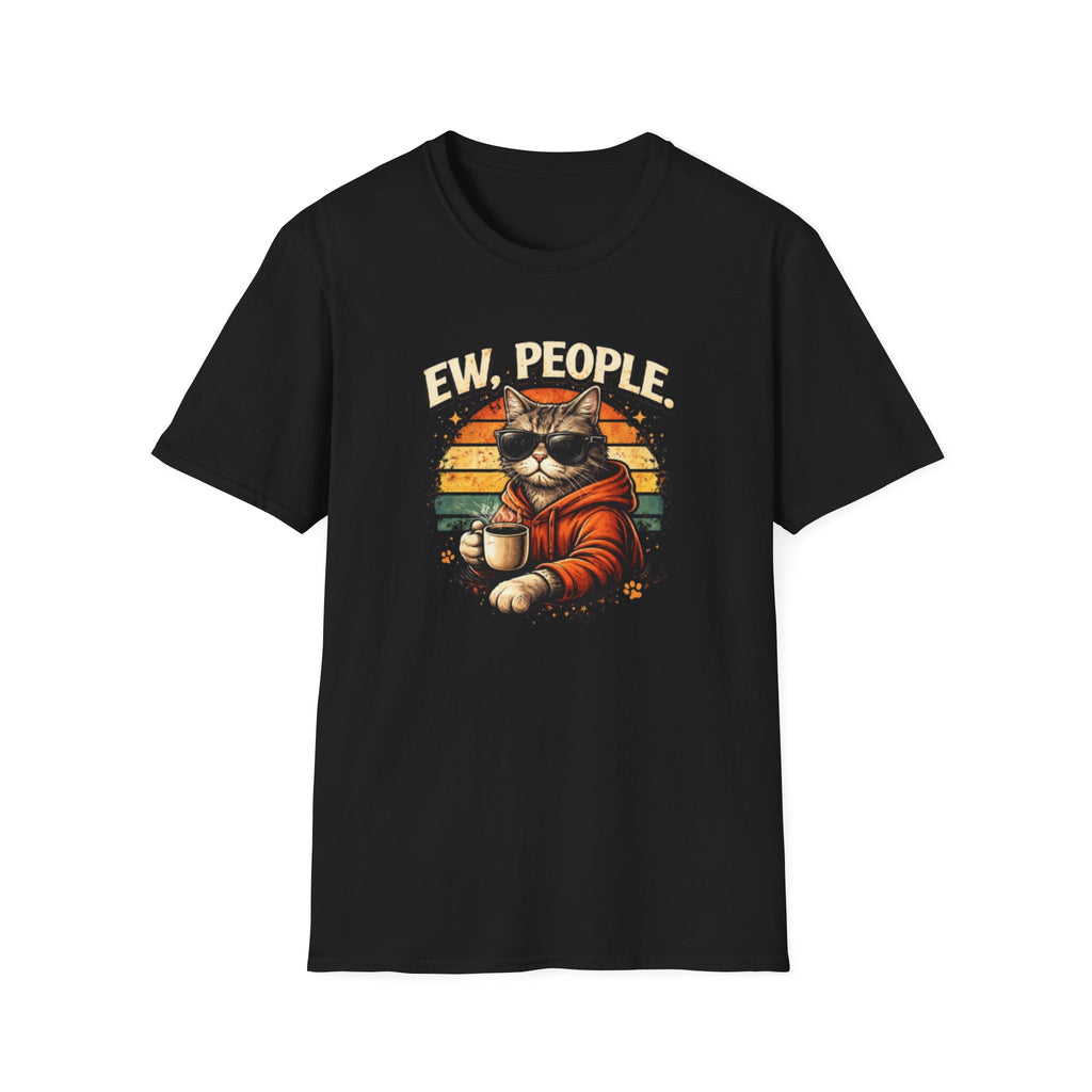 Cat Coffee Vintage T-Shirt — "Ew, People" Retro Cat with Mug Graphic