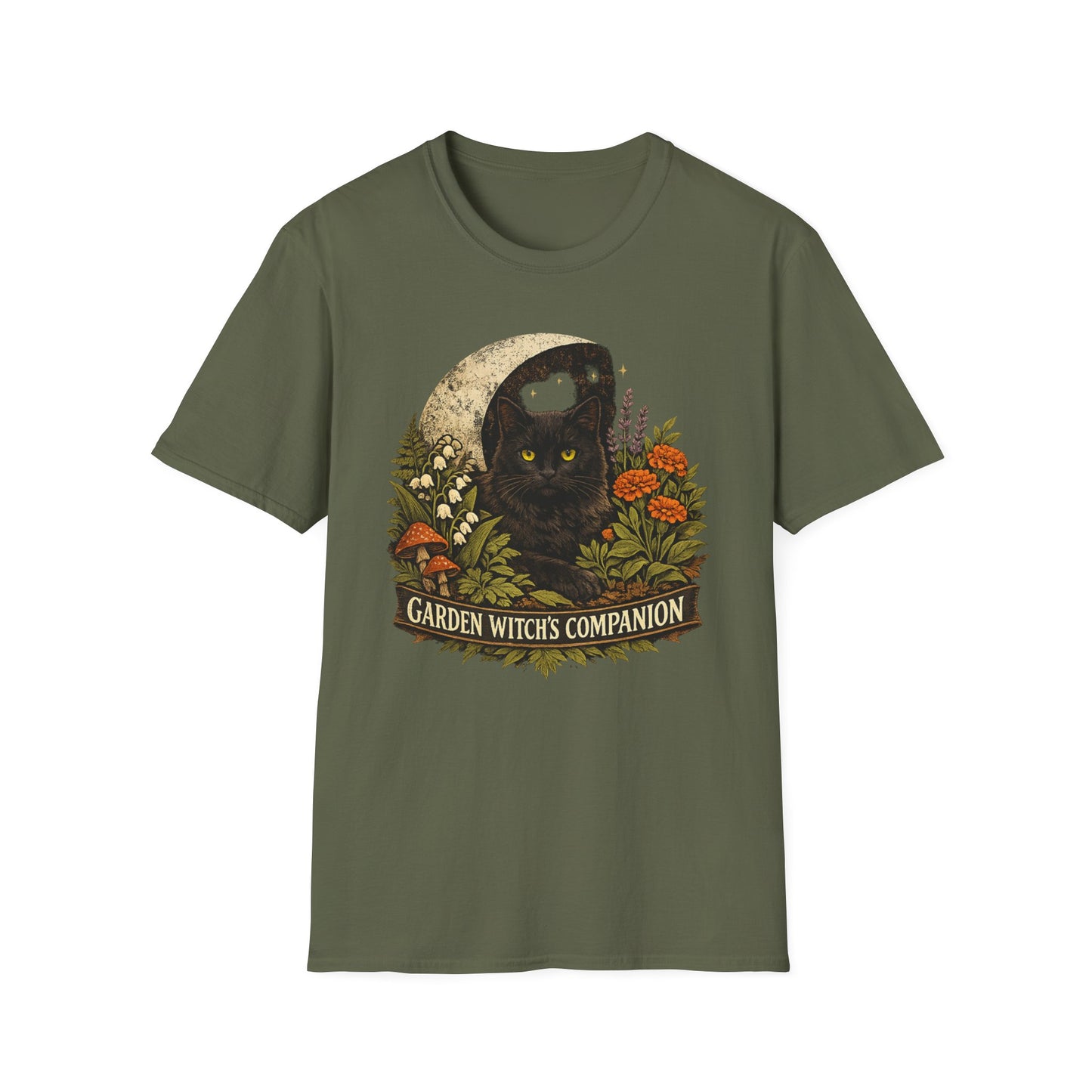 Garden Witch's Companion Cat T-Shirt — Moon, Marigold & Lily of the Valley Graphic Tee