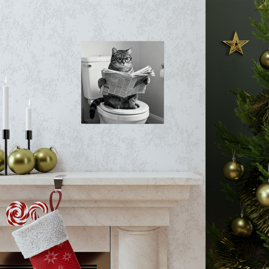 Digital download Cat Bathroom Poster – Funny Cat Reading Newspaper Wall Art, Quirky Black & White Matte Vertical Print