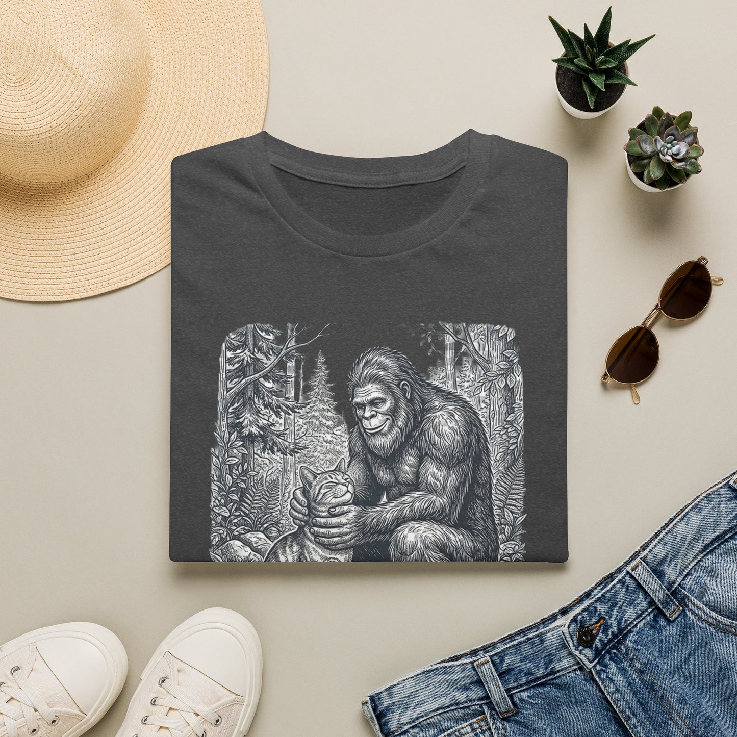 Bigfoot & Cat T-Shirt — Vintage Sasquatch Forest Illustration