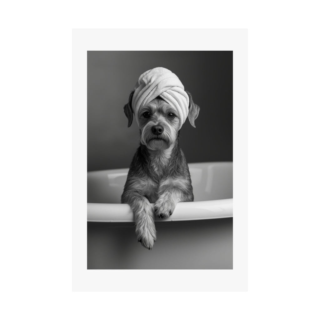Spa Pup Matte Vertical Poster — Black & White Dog in Bathtub Print