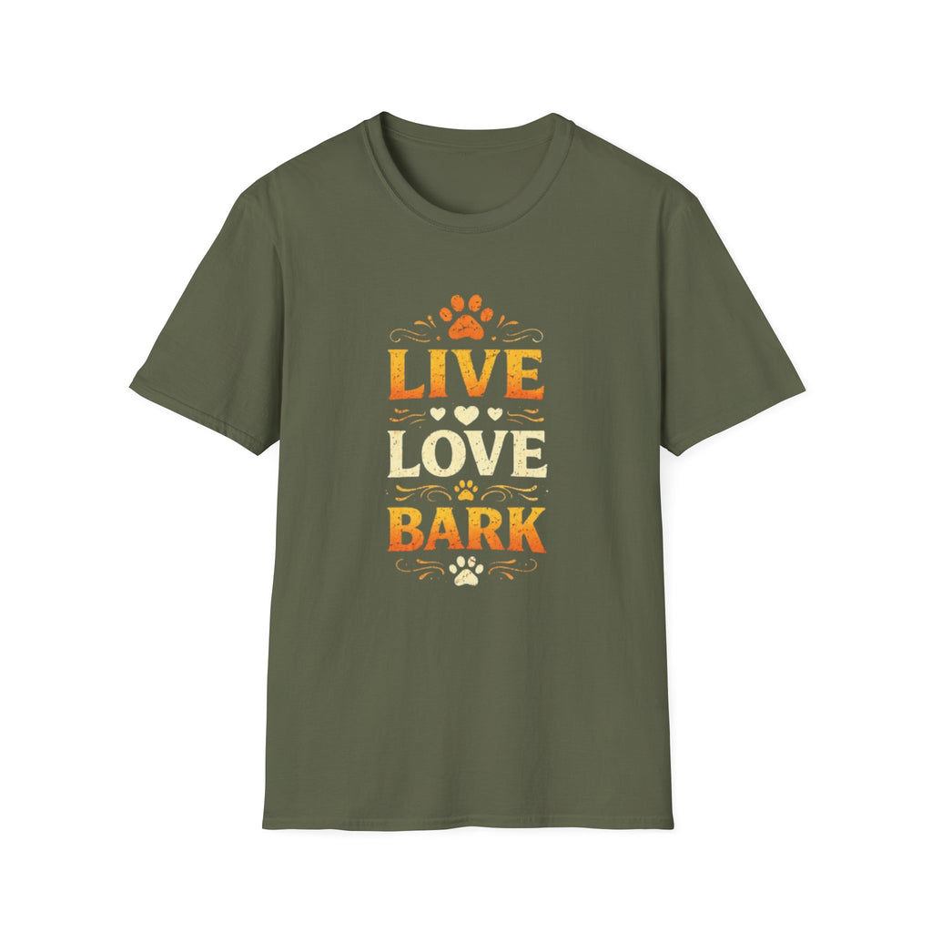 Live Love Bark T-Shirt — Funny Dog Lover Tee with Paw Prints