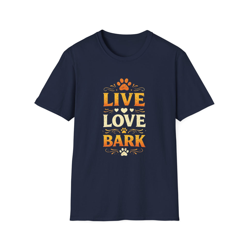 Live Love Bark T-Shirt — Funny Dog Lover Tee with Paw Prints