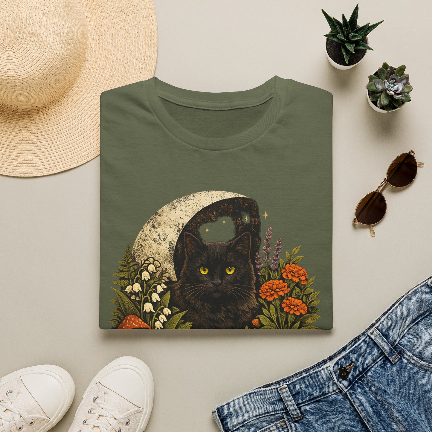 Garden Witch's Companion Cat T-Shirt — Moon, Marigold & Lily of the Valley Graphic Tee