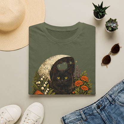 Garden Witch's Companion Cat T-Shirt — Moon, Marigold & Lily of the Valley Graphic Tee
