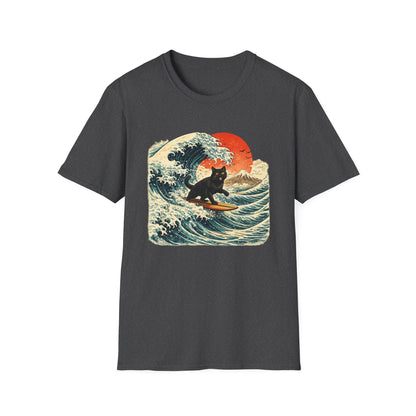 Camiseta Surfing Cat — Camiseta con gráfico de atardecer estilo japonés con olas retro