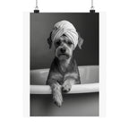 Spa Pup Matte Vertical Poster — Black & White Dog in Bathtub Print