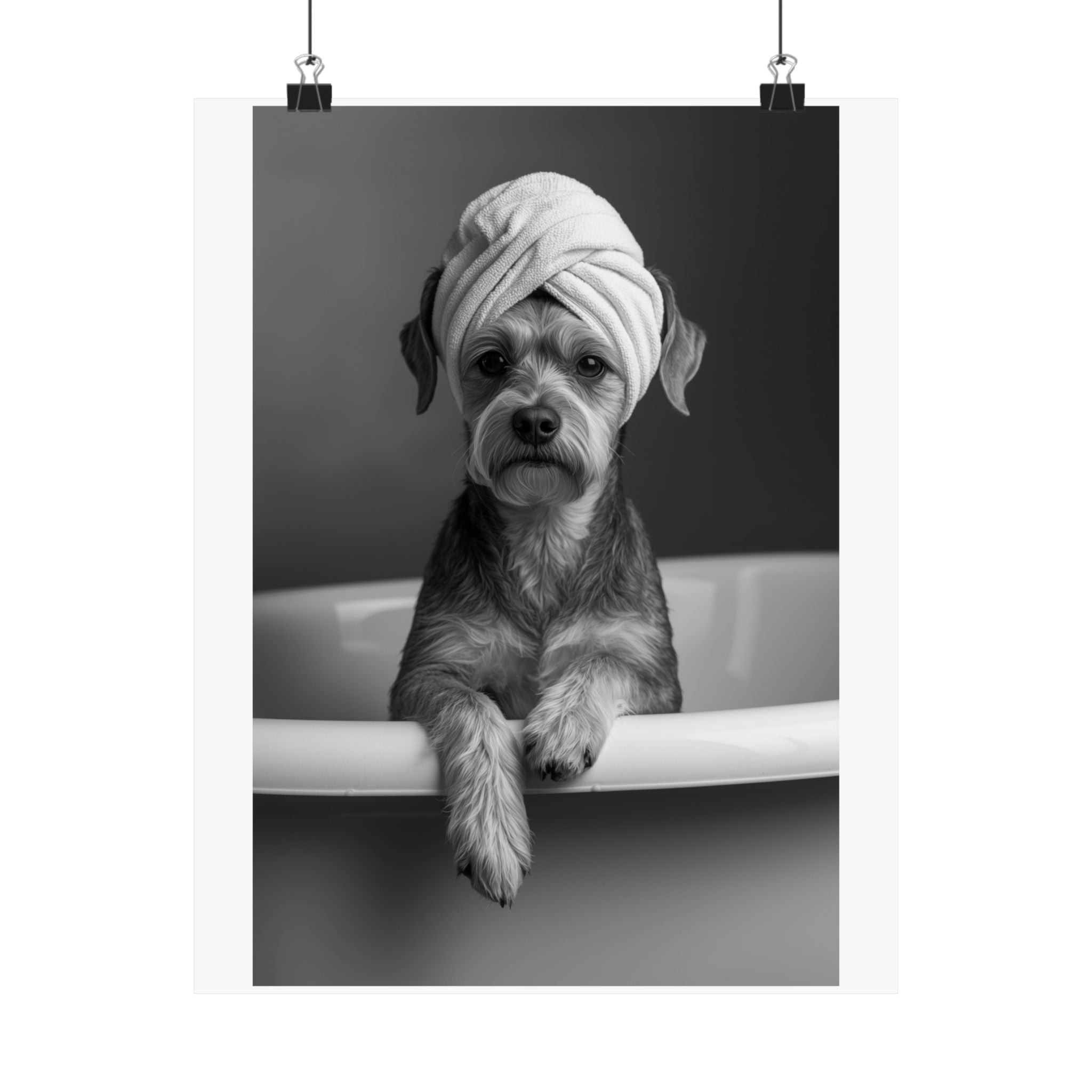 Spa Pup Matte Vertical Poster — Black & White Dog in Bathtub Print
