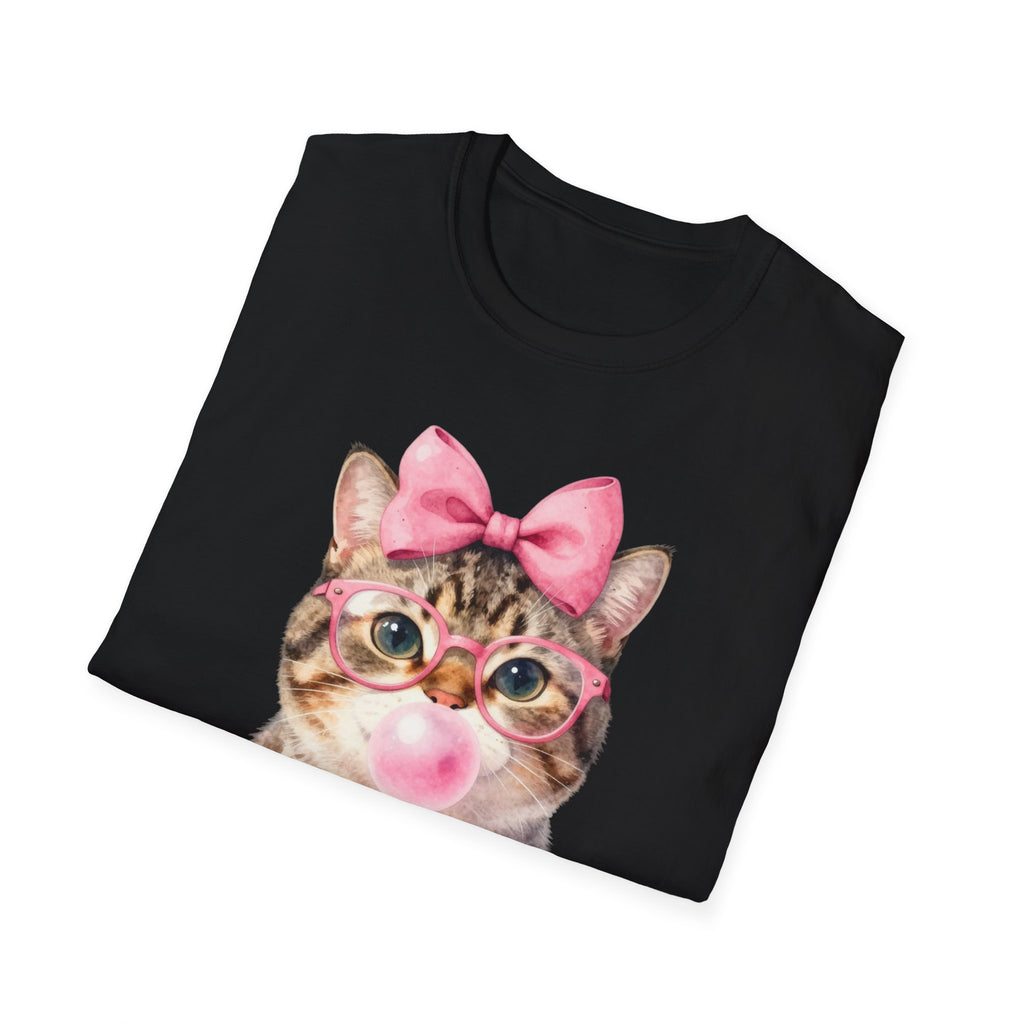 Cute Cat T-Shirt — Kitty with Glasses, Pink Bow & Bubblegum