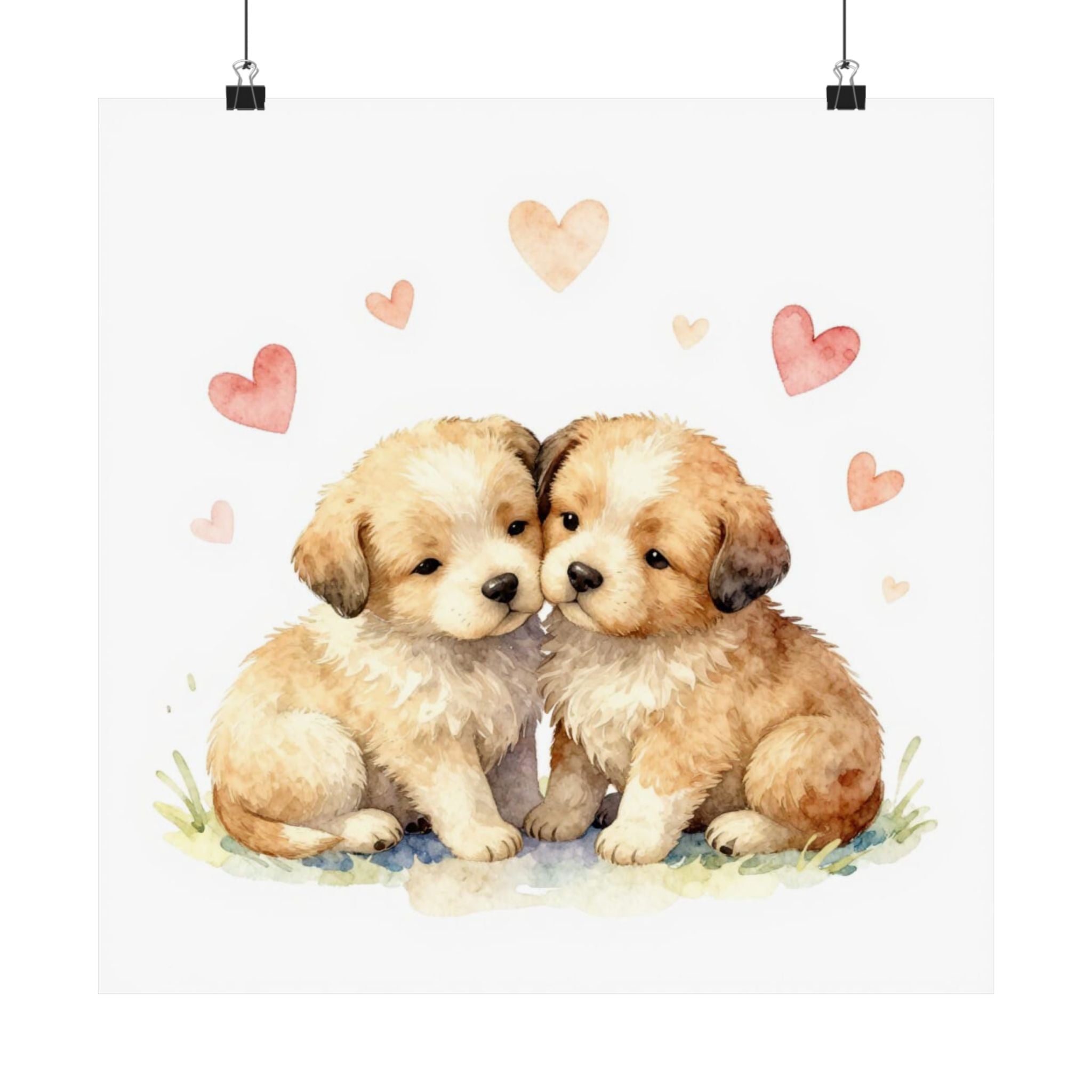 Puppy Love Matte Poster — Watercolor Puppies with Hearts