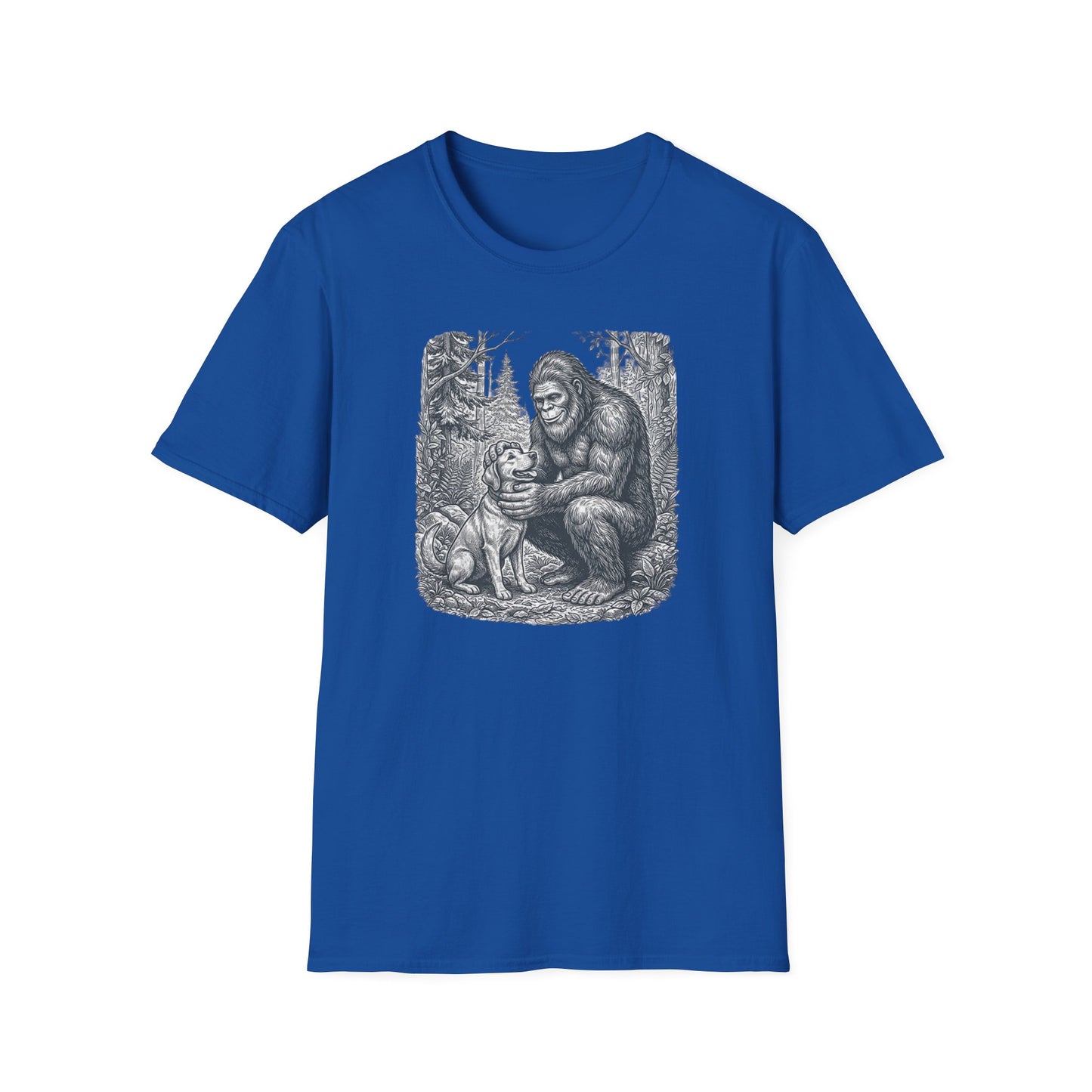 Bigfoot & Dog Graphic T-Shirt — Retro Wilderness Sasquatch Design