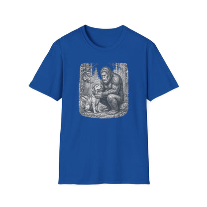 Bigfoot & Dog Graphic T-Shirt — Retro Wilderness Sasquatch Design