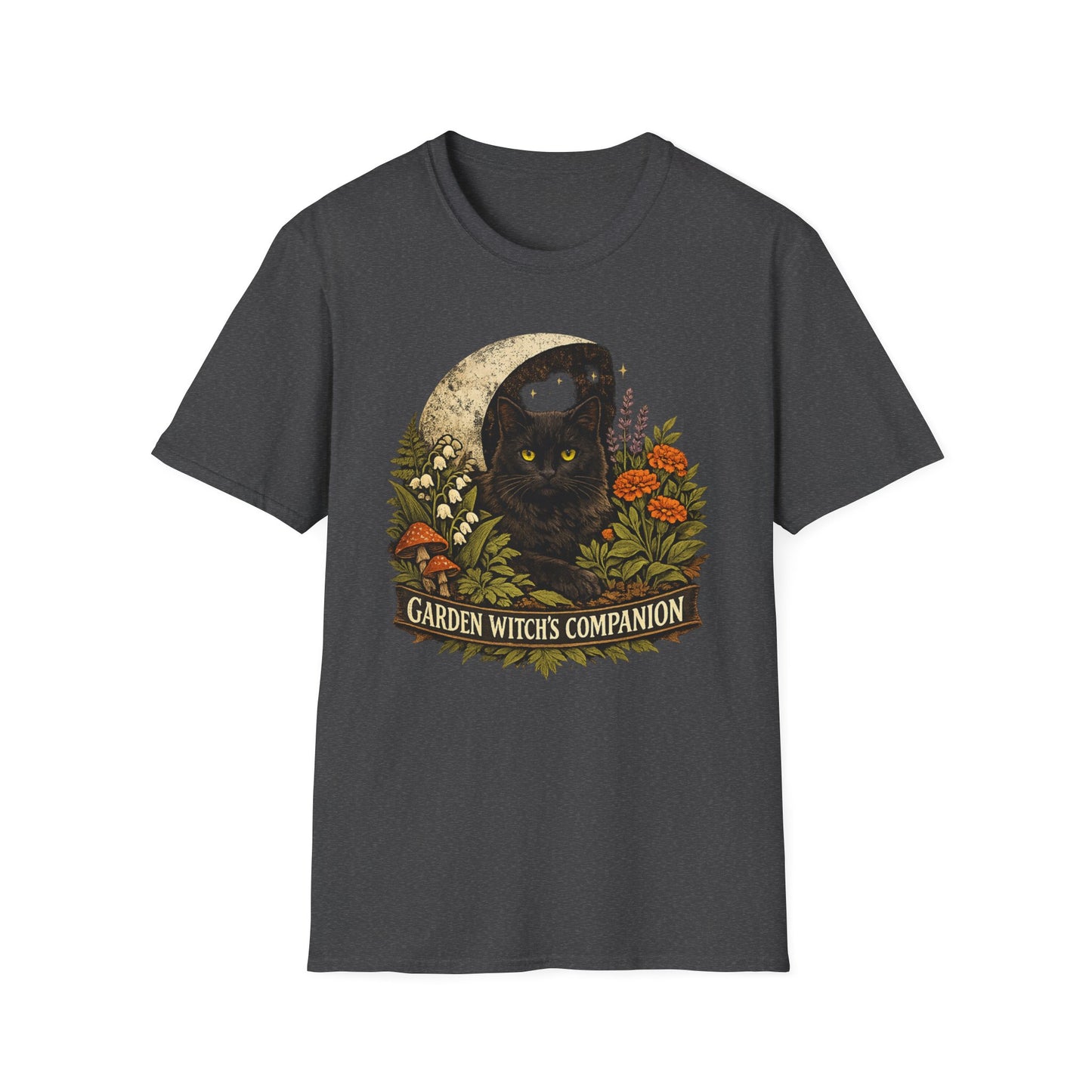 Garden Witch's Companion Cat T-Shirt — Moon, Marigold & Lily of the Valley Graphic Tee