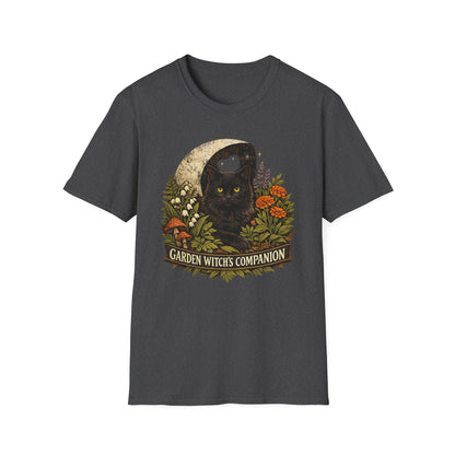 Garden Witch's Companion Cat T-Shirt — Moon, Marigold & Lily of the Valley Graphic Tee