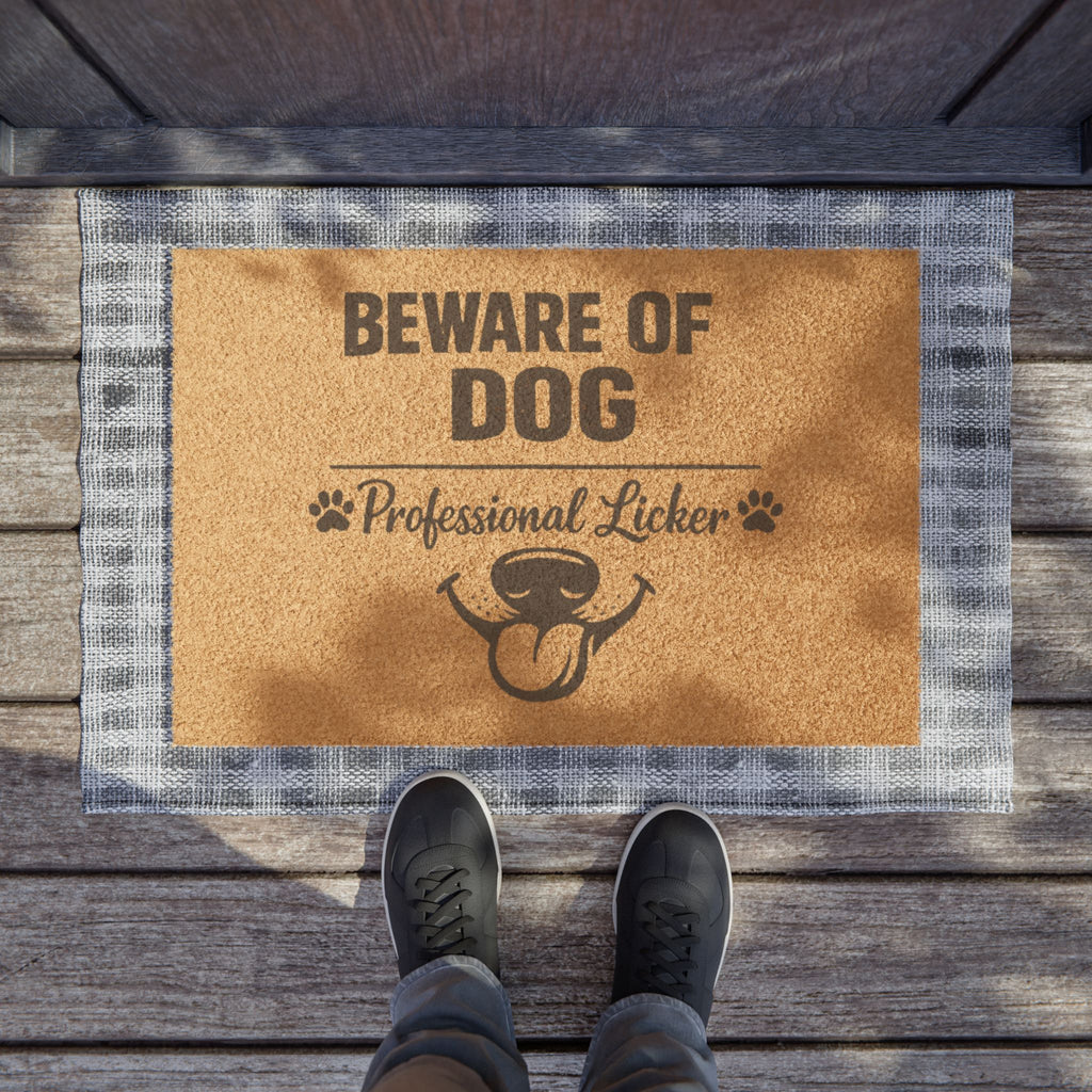Doormat — "Beware of Dog: Professional Licker" Funny Paw Print Coir Welcome Mat