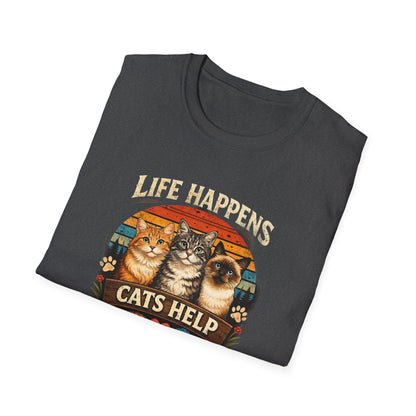 Life Happens Cats Help T-Shirt — Vintage Cat Lover Tee