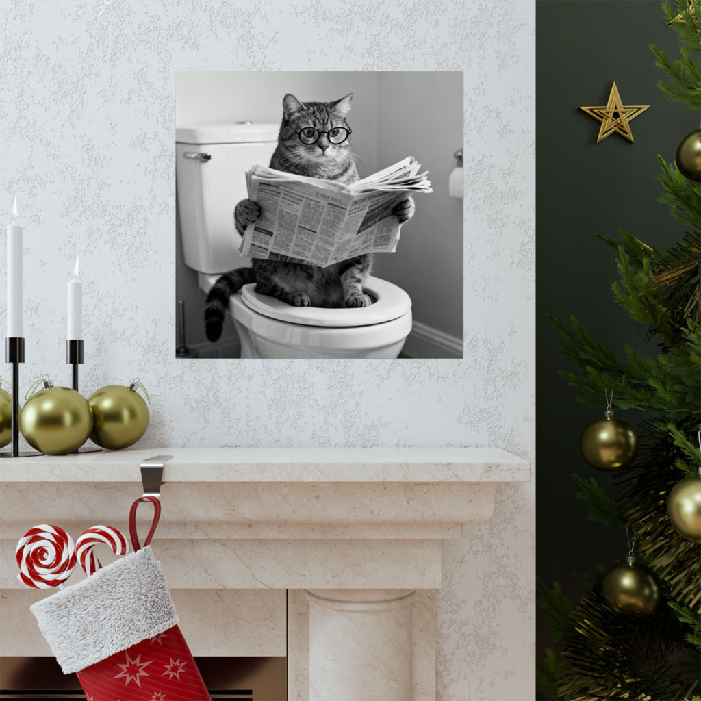 Digital download Cat Bathroom Poster – Funny Cat Reading Newspaper Wall Art, Quirky Black & White Matte Vertical Print