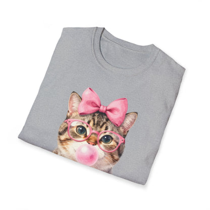 Camiseta de gato adorable: gatito con gafas, lazo rosa y chicle