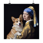 Póster mate de Corgi y la joven de la perla: retrato clásico de mascota para pared