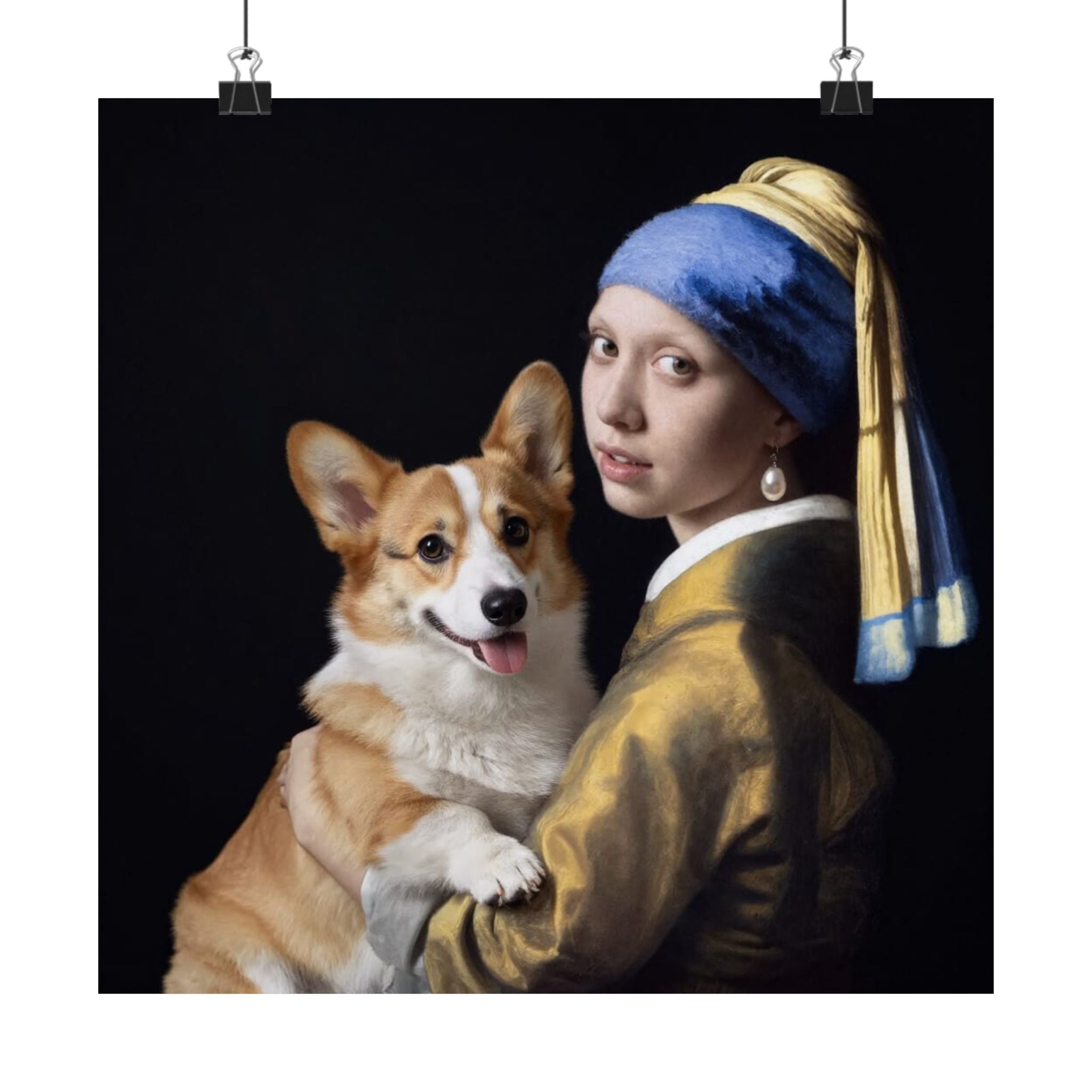 Póster mate de Corgi y la joven de la perla: retrato clásico de mascota para pared