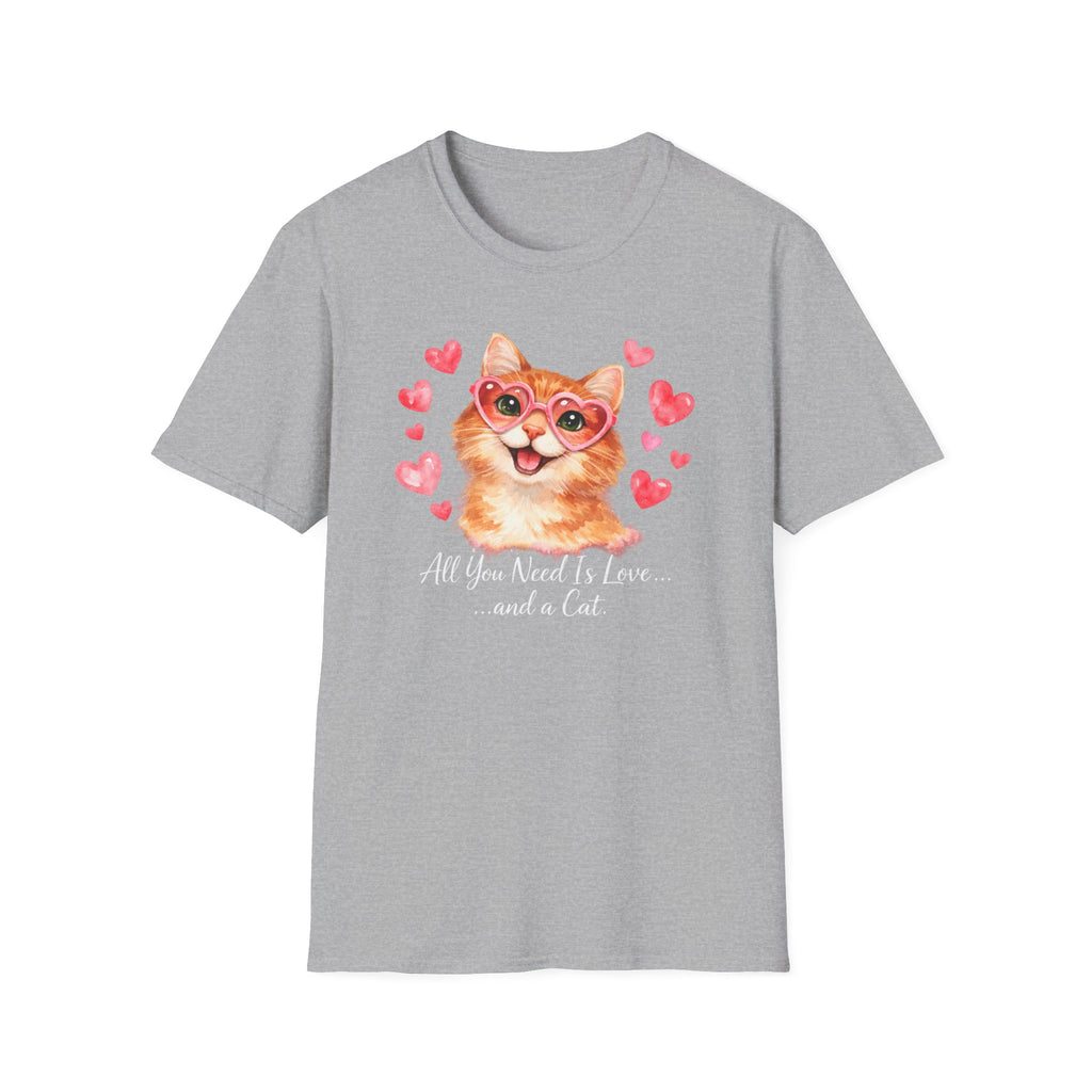 Todo lo que necesitas es amor... y una camiseta de gato — Linda camiseta de gatito con gafas de sol y corazón