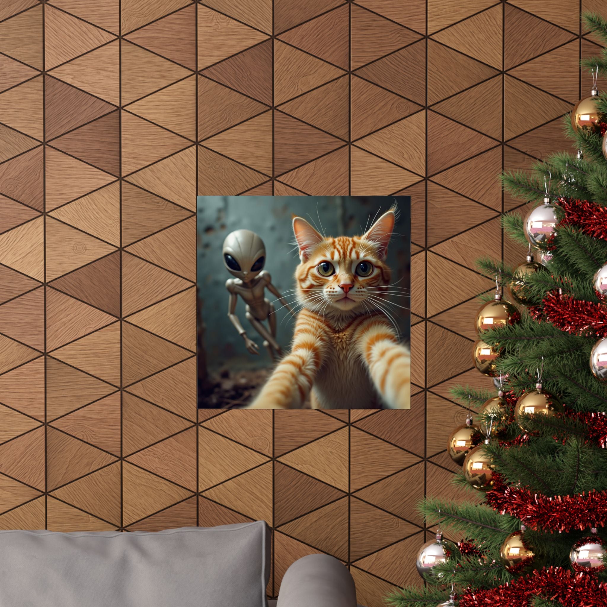 Descarga digital: Póster de gato extraterrestre con fotobomba — Arte mural vertical mate