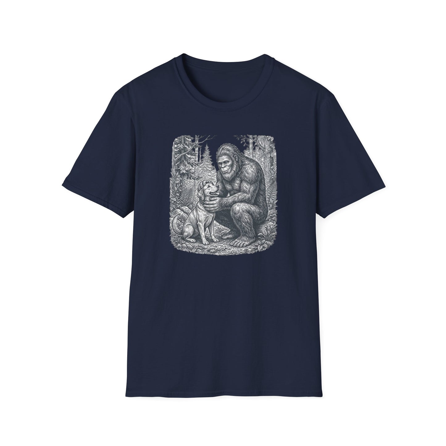 Bigfoot & Dog Graphic T-Shirt — Retro Wilderness Sasquatch Design