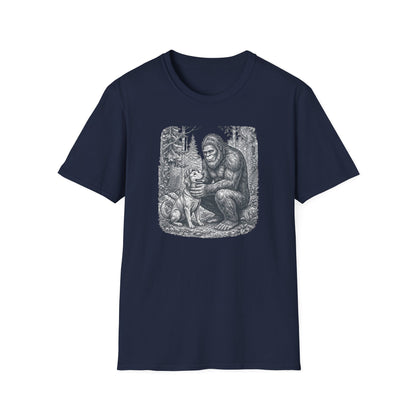 Bigfoot & Dog Graphic T-Shirt — Retro Wilderness Sasquatch Design