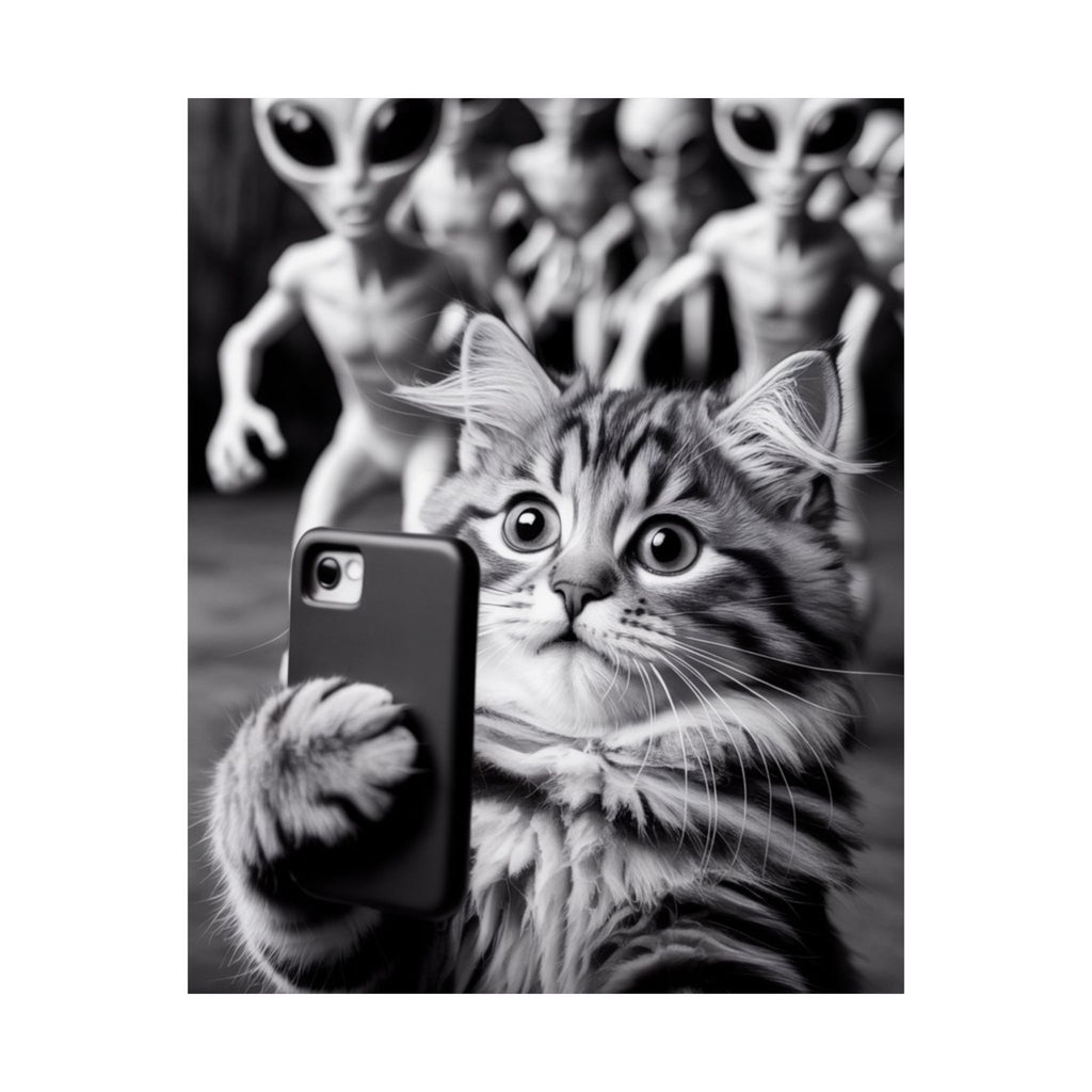 Póster de selfie de gato divertido: arte mural vertical mate con fotobomba de extraterrestre