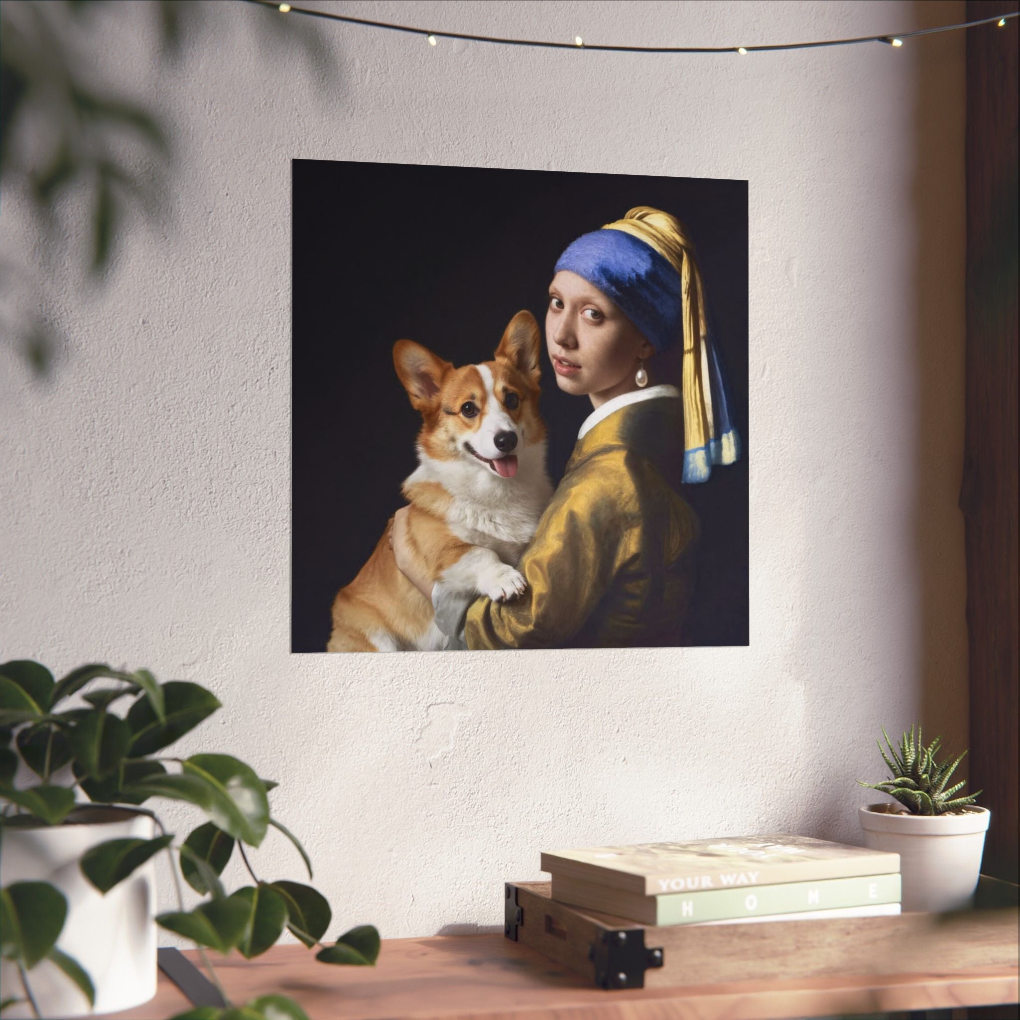 Póster mate de Corgi y la joven de la perla: retrato clásico de mascota para pared