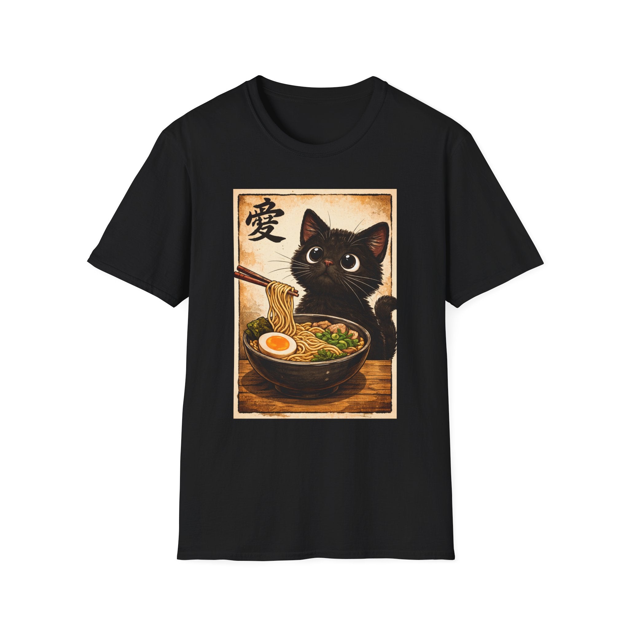 Camiseta de gato ramen: un adorable gato negro comiendo ramen, personaje vintage japonés de amor.
