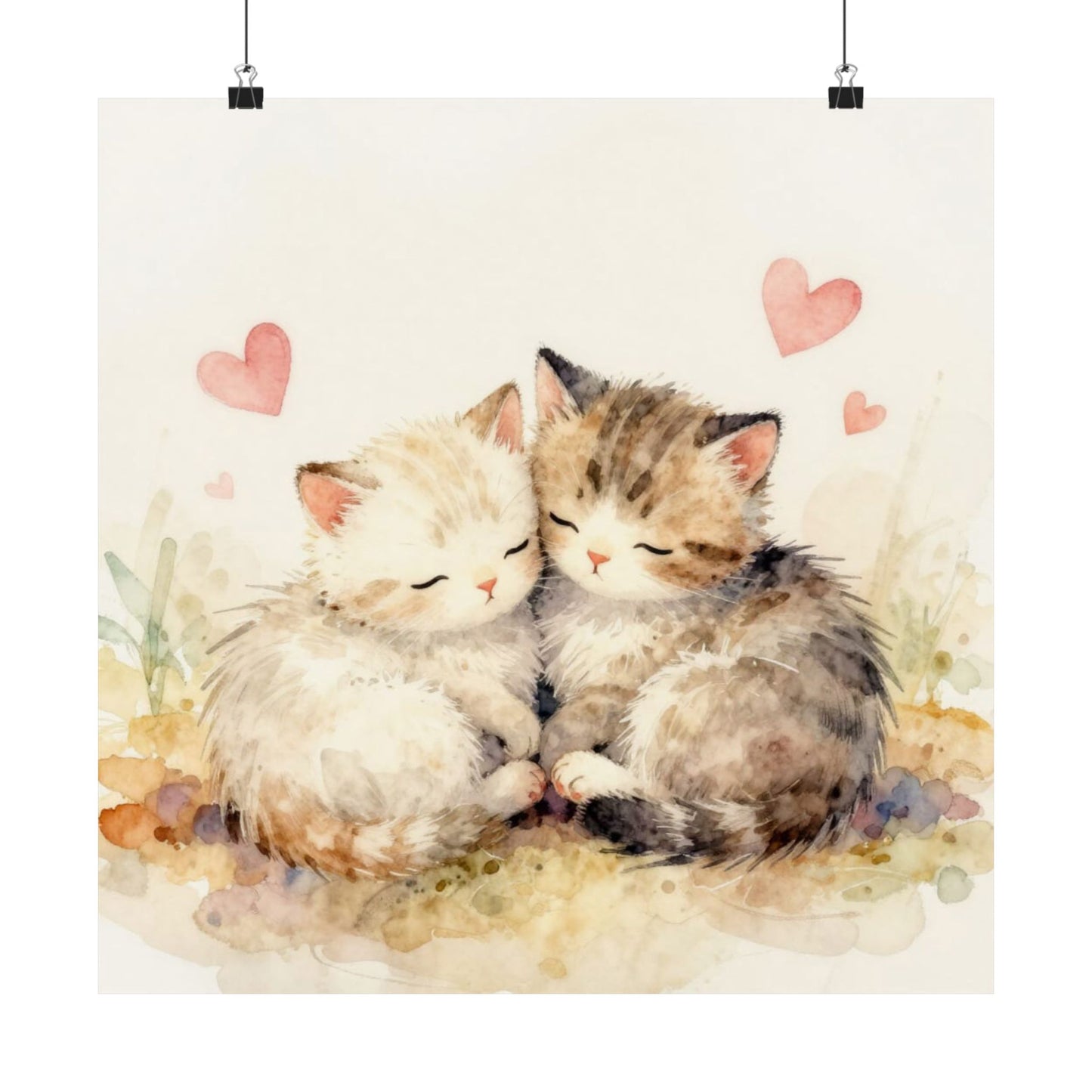 Póster mate de gatitos en acuarela: Gatos durmiendo con corazones