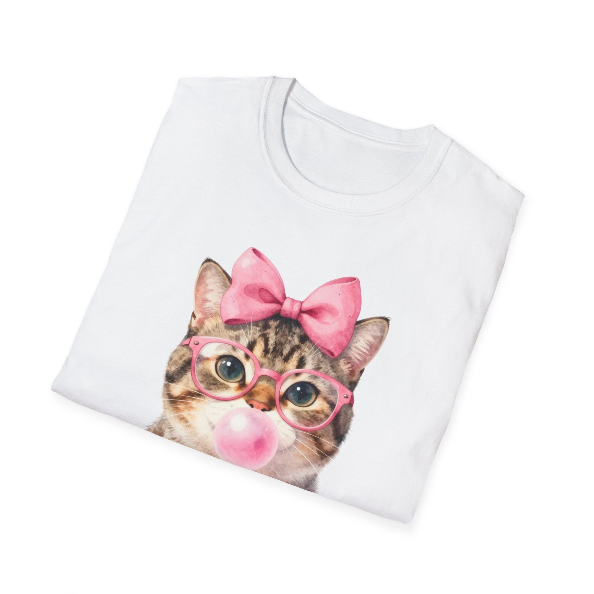 Cute Cat T-Shirt — Kitty with Glasses, Pink Bow & Bubblegum